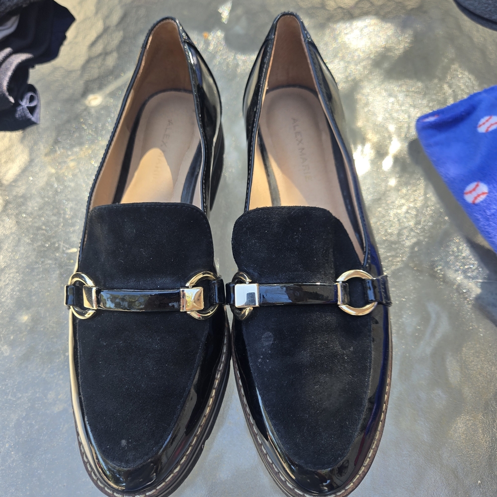 Alex Marie Black Patent and Suede Loafers with Gold Accents